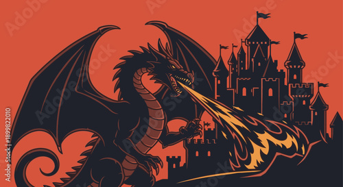 Illustration of a dragon breathing fire on a medieval castle. Use for fantasy, gaming, lore, or storytelling projects. Dark and fiery tones.