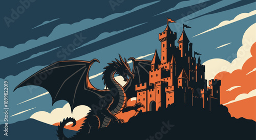 Stylized illustration of a dragon perched before a castle at sunset. Perfect for fantasy, gaming, or storybook designs. Bold, vector aesthetic.