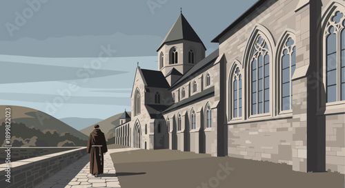 Vector illustration of a monk walking by a picturesque monastery. Can be used for travel blogs, religious content, or historical publications.