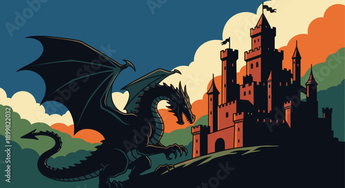 Stylized illustration of a dragon approaching a castle. Suitable for fantasy, gaming, and historical contexts. Vector graphic art, dark color palette.