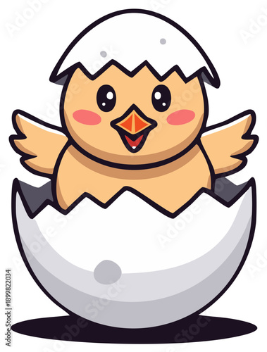 Cute cartoon baby chicken hatching from egg. Happy yellow chick emerging from cracked white eggshell on Easter
