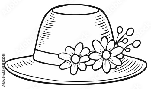 Line art illustration of a sun hat decorated with flowers.