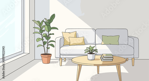 Vector illustration of a modern living room with sunlight, plants, couch, table, and books. Ideal for home decor, interior design, or lifestyle themes.