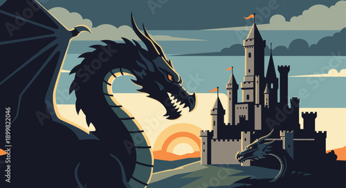 Illustration of dragons guarding a castle at sunset. Ideal for fantasy book covers, gaming artwork, or promotional material requiring a mythical and powerful aesthetic.