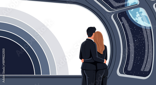 Illustration of a couple embracing looking through a spaceship window toward Earth and stars