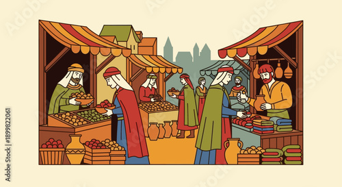 Illustration of a bustling medieval marketplace. Features vendors selling goods, shoppers browsing, and architecture. Suitable for historical fiction, fantasy, and educational content.