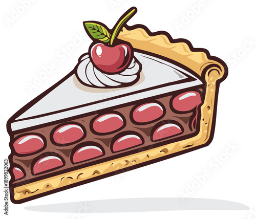 Delicious Cherry Pie Slice Cartoon Style with Whipped Cream and Green Leaf Topping Baked Pastry Dessert Illustration