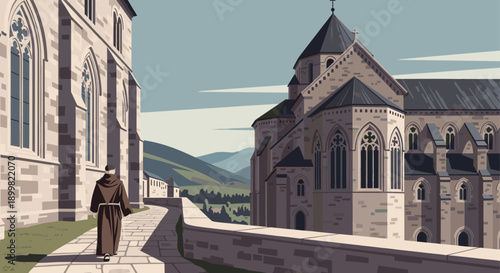 Vector illustration of a monk walking by a medieval abbey. Serene landscape, ideal for travel, religious themes, or historical content. Stylized rendering.