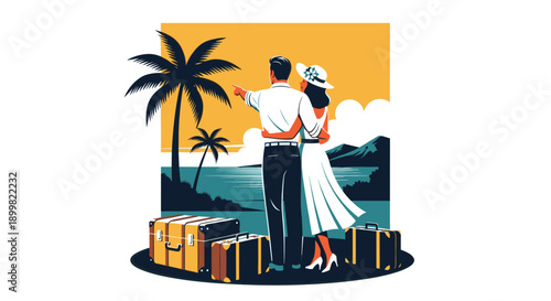 A retro styled illustration of a couple on vacation, suitcases at their feet, looking out at a tropical island landscape. Concept for travel, romance, or adventure.