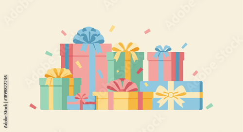 A festive illustration featuring a pile of brightly colored gift boxes with ribbons and confetti. Perfect for birthday cards, holiday promotions, or celebration-themed marketing materials.