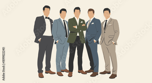 Illustration of five diverse businessmen standing together in suits, a symbol of unity, teamwork, and business success. Great for corporate communications and presentations.