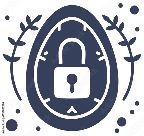 Stylized egg shape with padlock icon surrounded by decorative leaves and security concept illustration