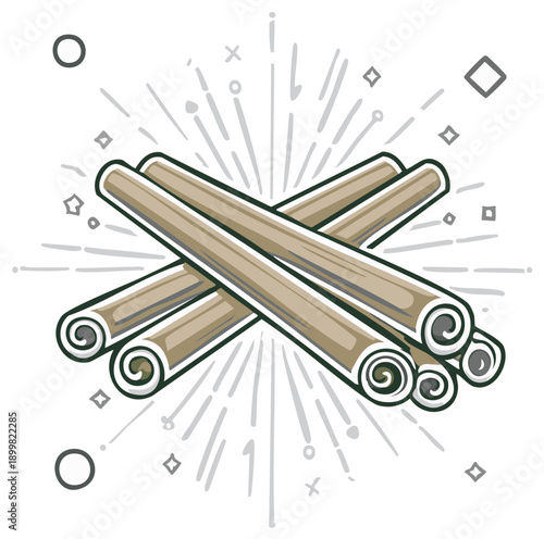 Cartoon illustration of stacked cinnamon sticks with starburst background