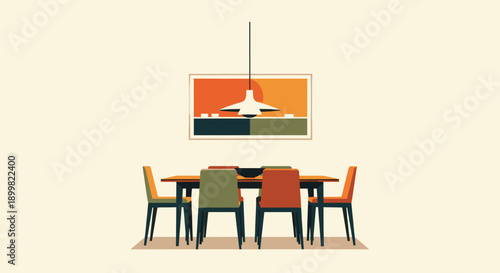 Clean vector illustration of a minimalist dining room featuring table, chairs, pendant light, and colorful artwork. Ideal for interior design, home decor, and lifestyle content.