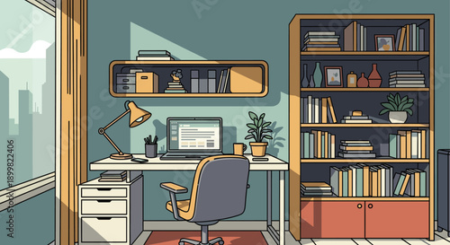 Stylish vector illustration of a contemporary home office. Perfect for showcasing remote work, study, design, or cozy interiors. The flat design is clean and modern.