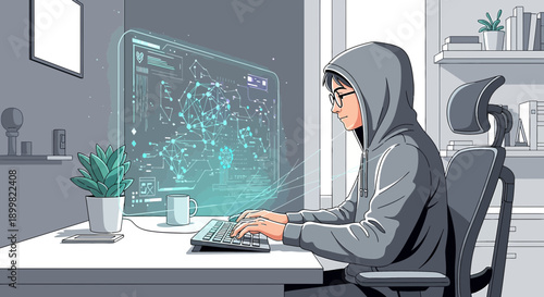 Illustration of a hooded programmer working on complex code with holographic interface