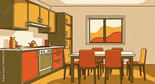 Illustrated kitchen and dining area with mid-century modern design. Neutral beige, orange, and olive color palette. Suitable for website design, background and retro-themed content.