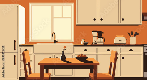 Cartoon kitchen illustration featuring retro appliances, cabinets, a table, and chairs. Modern minimalist aesthetic, perfect for backgrounds or conceptual designs.