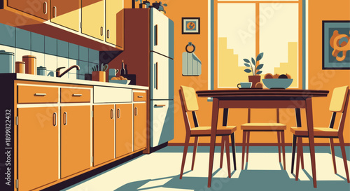 Illustration of a vintage style kitchen interior with warm colors, featuring cabinets, fridge, dining table, and chairs. For use in design, advertising, or home decor projects.