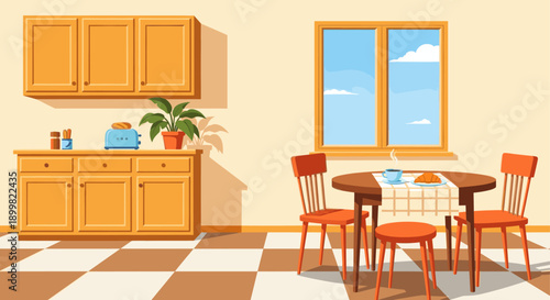 Cozy cartoon illustration of a bright kitchen nook featuring breakfast, sunlight, and warm colors. Good for lifestyle, real estate, food blogs, and interior design articles.