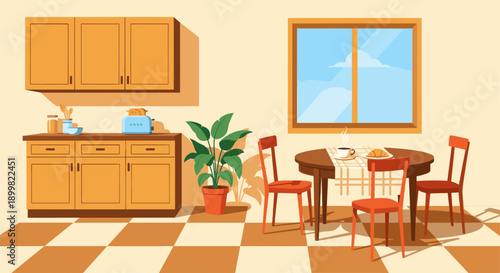 Warm illustration of a kitchen interior featuring a table set for breakfast. Ideal for designs related to food, home decor, and morning routines.