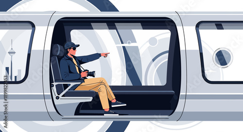 Illustration of a man traveling by futuristic train while pointing at a city view through the window