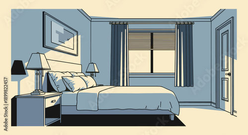 Calm bedroom illustration featuring a bed, window, bedside table, and door. Ideal for travel blogs, hotel websites, or interior design related content.