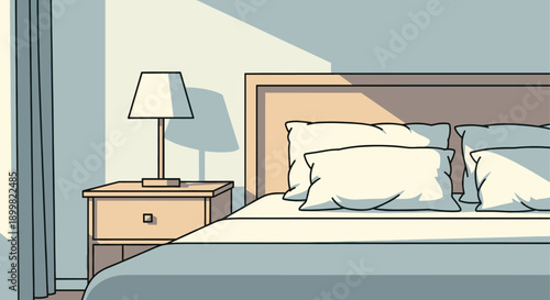 Cozy bedroom illustration featuring a bed, bedside table, and soft sunlight. Ideal for interior design blogs, hospitality websites, and lifestyle content.