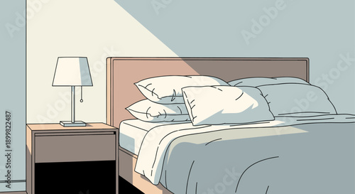 Clean, minimalist bedroom illustration featuring a made bed, nightstand, and lamp. Light blue, peach and white tones create a peaceful, modern ambiance. Ideal for lifestyle or design blogs.