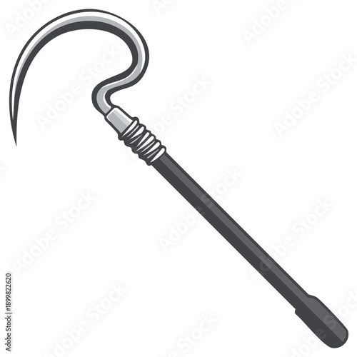 Stylized sickle tool with curved blade and dark handle for agriculture and harvest