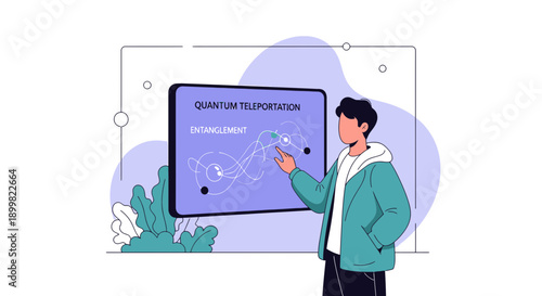 Illustration of a scientist pointing to quantum teleportation concept on a screen