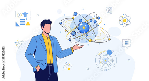 Illustration of a scientist presenting atom model, showcasing innovation in scientific research