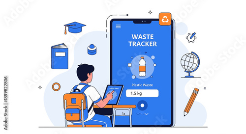 Illustration of a student using a waste tracker app for environmental responsibility