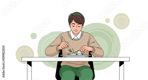 Illustration of a young man enjoying a meal with focused attention and mindful eating habits