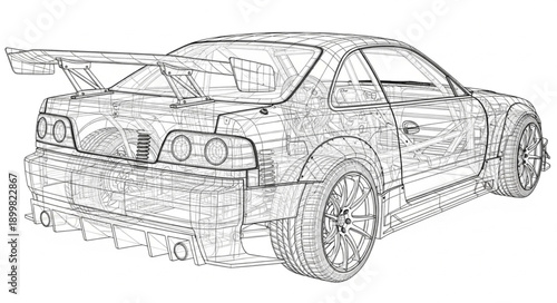 Detailed wireframe sketch of a sports car with spoiler.