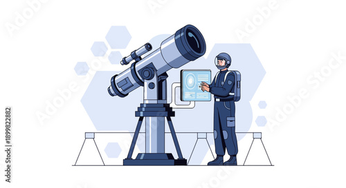 Illustration of an astronaut using a high-tech telescope for space exploration and observation
