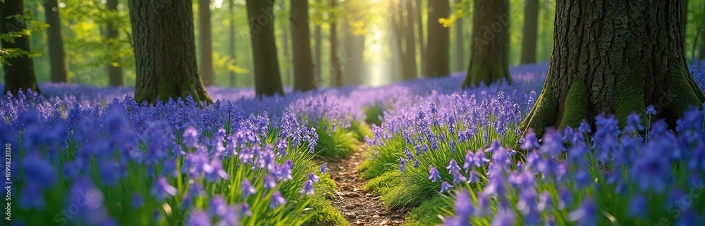 Obraz premium Sunlit forest path leads through dense carpet of blooming bluebells. Tall trees with green canopy filter soft sunlight creating dappled light patterns on forest floor.