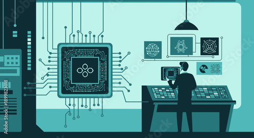 Illustration of semiconductor engineering process within a futuristic control room environment