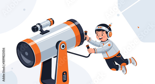 Illustration showcasing a child astronaut using a telescope, exploring space with wonder and