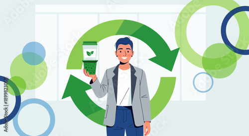 Illustration representing a sustainable lifestyle with a person promoting recycle concept