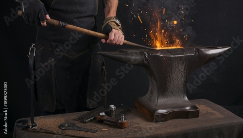 Blacksmith Works on an Anvil Creating Sparks With a Hammer in a Workshop