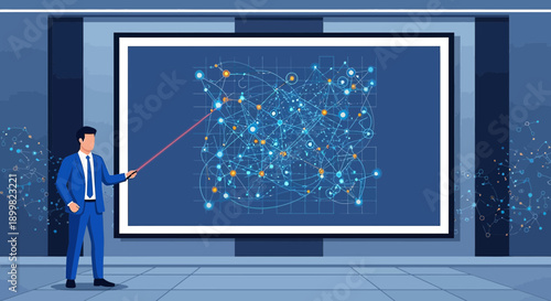 Illustrative business presentation of intricate data networks by a confident speaker
