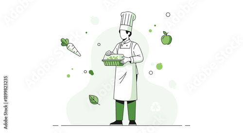 Illustrative chef preparing healthy organic food with cartoon vegetables and minimalist design for