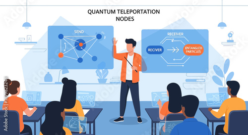 Illustrative classroom setting explaining quantum teleportation and particle entanglement for