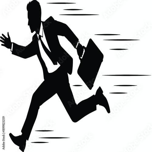 Businessman running with briefcase fast action silhouette black and white vector