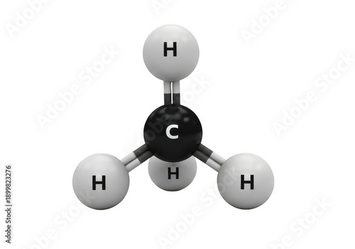 Molecular structure of methane with carbon and hydrogen atoms isolated on transparent background