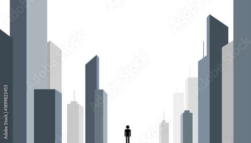 Minimalist illustration of a solitary person standing amidst a towering city skyline, symbolizing ambition, urban solitude, and the vast scale of modern metropolitan life