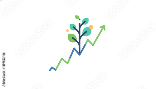 Illustration of a plant growing on a green upward trending graph, symbolizing growth and success in business and finance
