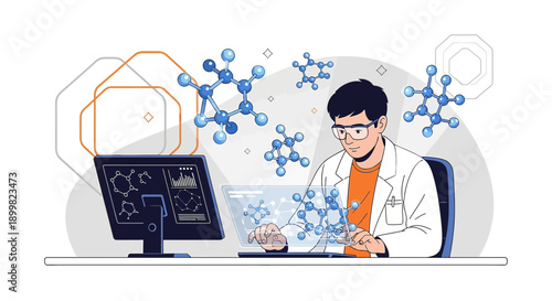 Illustrative depiction of a scientist analyzing molecular structures with computer technology in