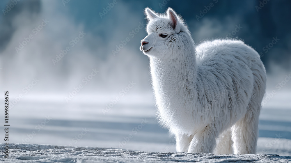 Fototapeta premium Alpaca winter snow frost cold animal fur fluffy cute nature serene alpaca standing on snowy landscape in cold winter frost with fluffy white fur and soft morning light in peaceful nature scene